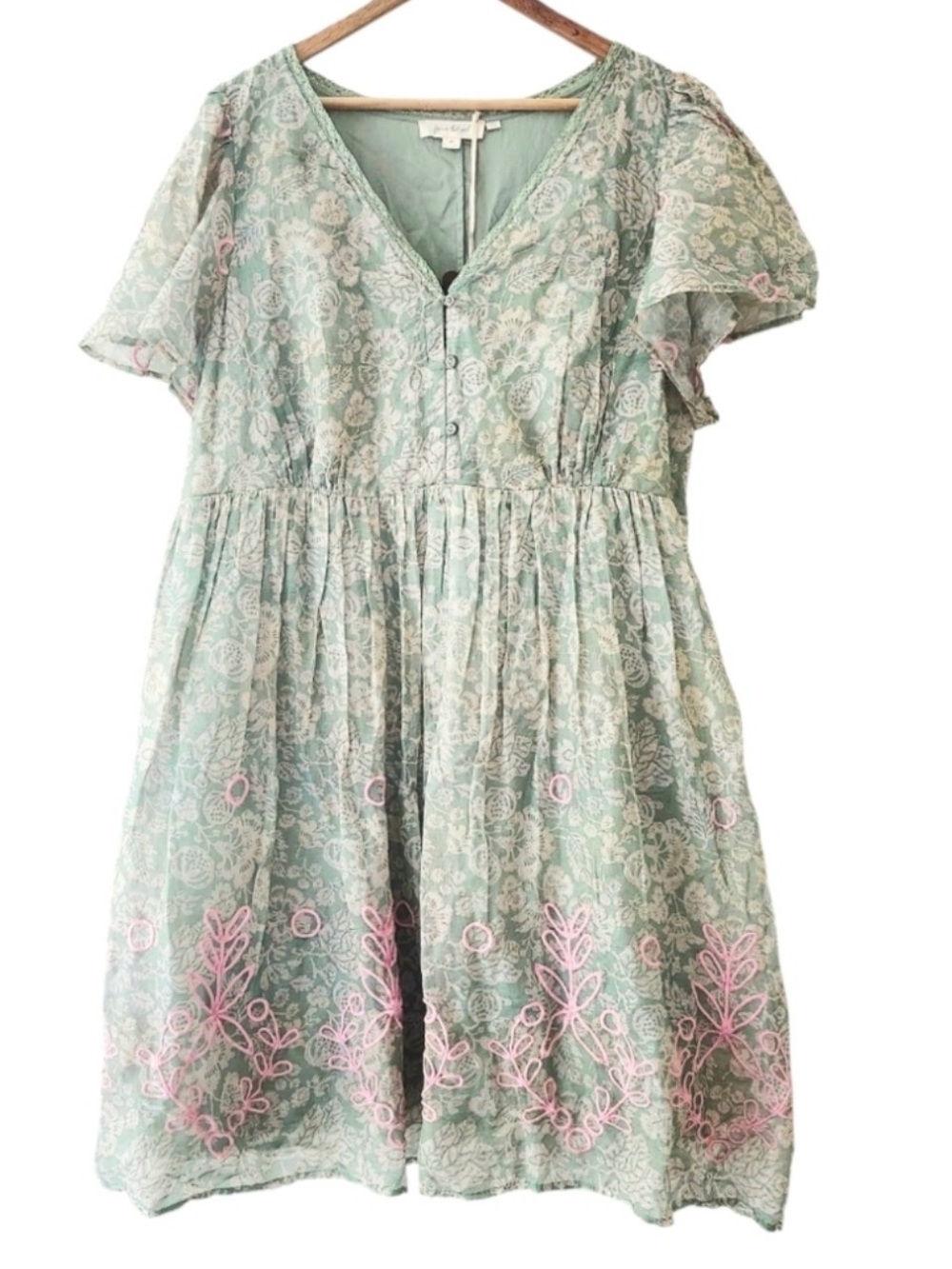 Anthropologie Mint Green Floral Lace Dress with Pink Embroidery